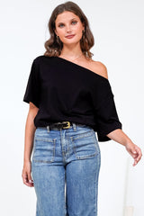 Dolce Top - Asymmetric Neckline Boxy Top with Side Split in Black
