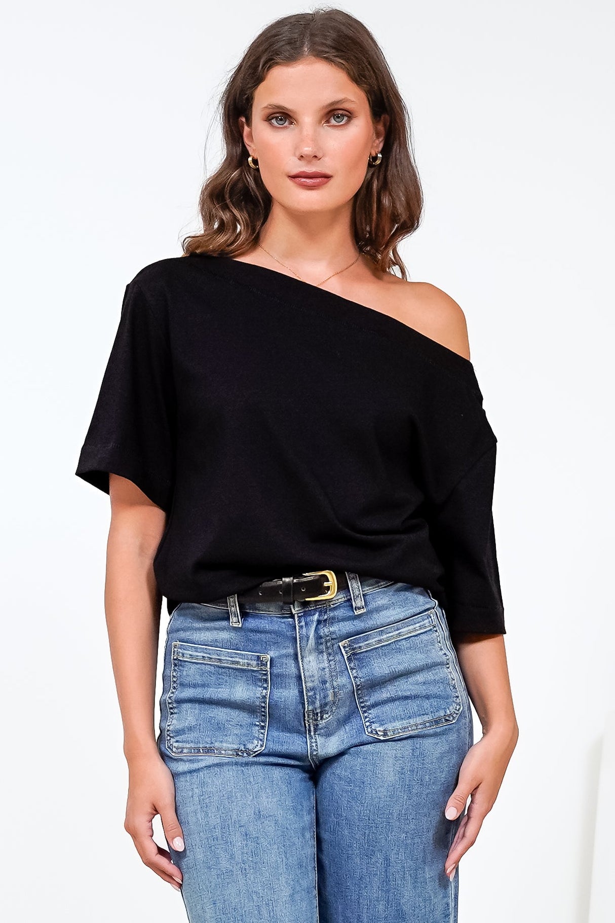 Dolce Top - Asymmetric Neckline Boxy Top with Side Split in Black