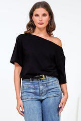 Dolce Top - Asymmetric Neckline Boxy Top with Side Split in Black