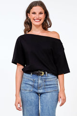 Dolce Top - Asymmetric Neckline Boxy Top with Side Split in Black