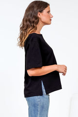 Dolce Top - Asymmetric Neckline Boxy Top with Side Split in Black