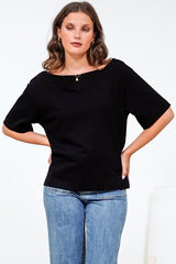 Dolce Top - Asymmetric Neckline Boxy Top with Side Split in Black
