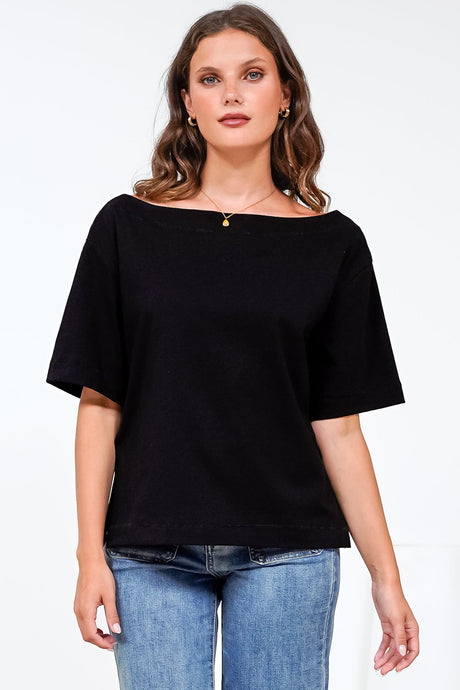 Dolce Top - Asymmetric Neckline Boxy Top with Side Split in Black