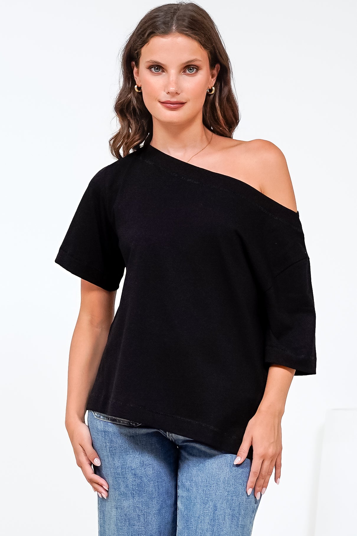 Dolce Top - Asymmetric Neckline Boxy Top with Side Split in Black