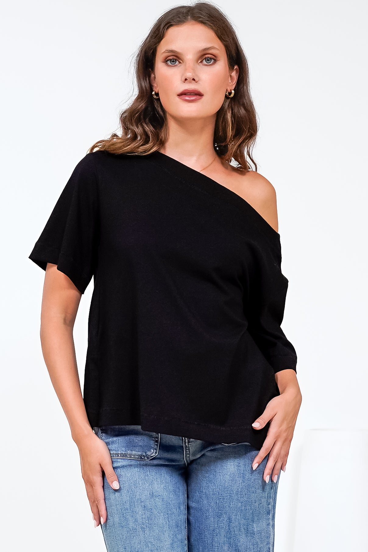 Dolce Top - Asymmetric Neckline Boxy Top with Side Split in Black