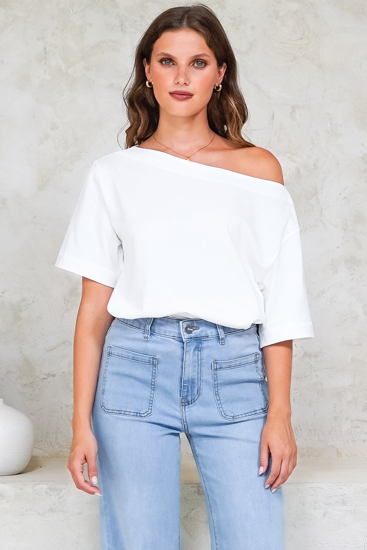 Dolce Top - Asymmetric Neckline Boxy Top with Side Split in White
