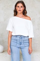 Dolce Top - Asymmetric Neckline Boxy Top with Side Split in White