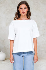 Dolce Top - Asymmetric Neckline Boxy Top with Side Split in White