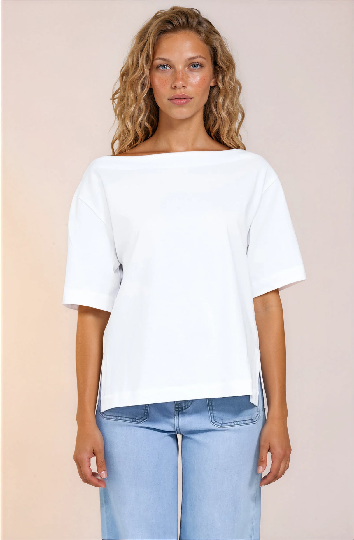 Dolce Top - Asymmetric Neckline Boxy Top with Side Split in White