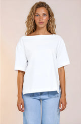 Dolce Top - Asymmetric Neckline Boxy Top with Side Split in White