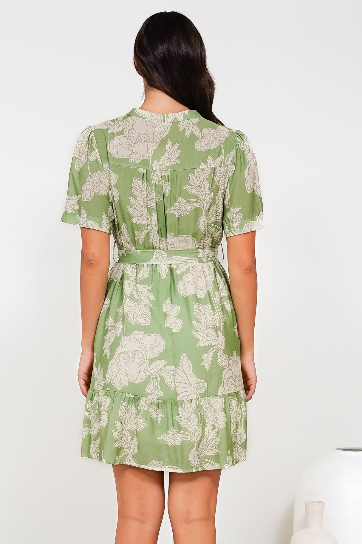 Dolly Mini Dress - Mandarin Collar A-Line Dress with Waist Tie in Byron Print Green