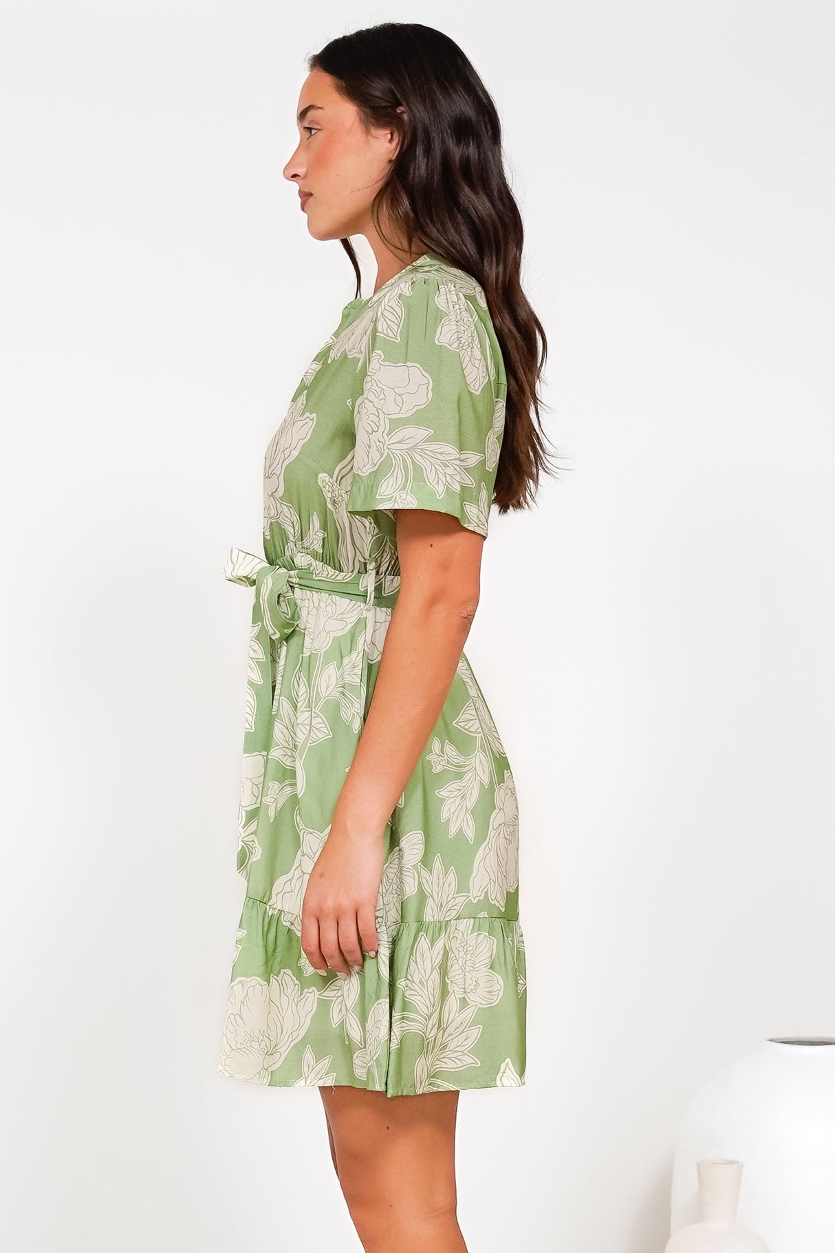 Dolly Mini Dress - Mandarin Collar A-Line Dress with Waist Tie in Byron Print Green