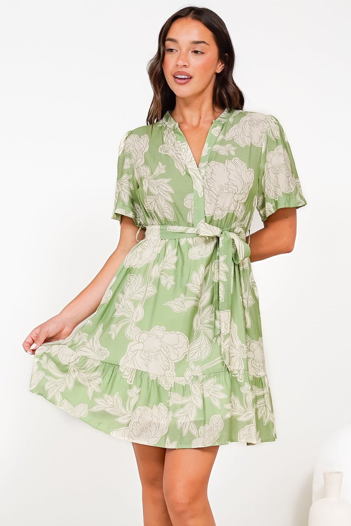 Dolly Mini Dress - Mandarin Collar A-Line Dress with Waist Tie in Byron Print Green