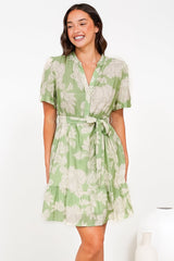 Dolly Mini Dress - Mandarin Collar A-Line Dress with Waist Tie in Byron Print Green