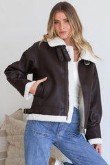Domingo Jacket - Wing Collared Fleece Lined Biker Jacket in Brown