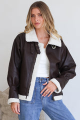 Model wearing Domingo Jacket in Brown from Salty Crush