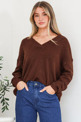 Donoven Jumper - V Neck Lightweight Knit with Ribbed Hemlines in Coffee