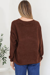 Donoven Jumper - V Neck Lightweight Knit with Ribbed Hemlines in Coffee