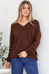 Donoven Jumper - V Neck Lightweight Knit with Ribbed Hemlines in Coffee