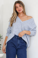Donoven Jumper - V Neck Lightweight Knit with Ribbed Hemlines in Light Denim Blue