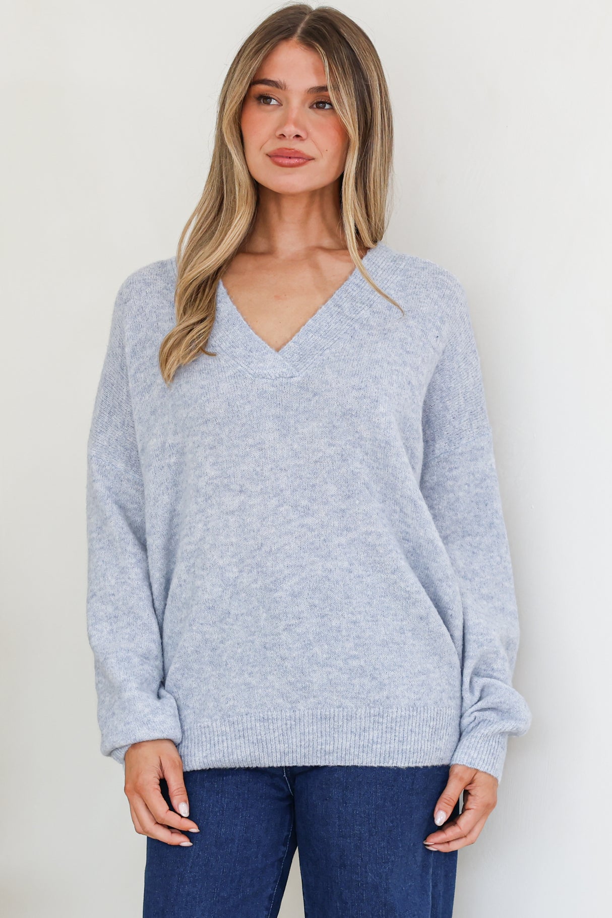 Donoven Jumper - V Neck Lightweight Knit with Ribbed Hemlines in Light Denim Blue