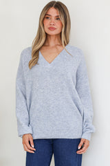 Donoven Jumper - V Neck Lightweight Knit with Ribbed Hemlines in Light Denim Blue