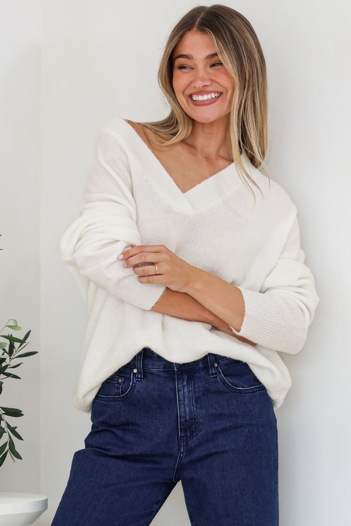 Donoven Jumper - V Neck Lightweight Knit with Ribbed Hemlines in Off White