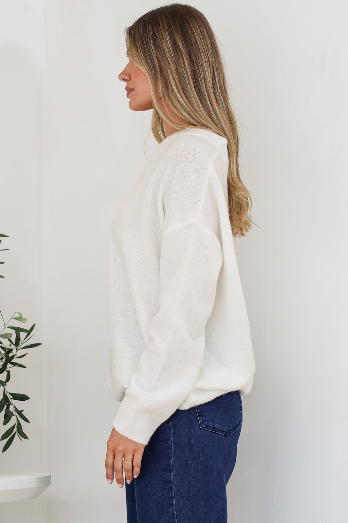 Donoven Jumper - V Neck Lightweight Knit with Ribbed Hemlines in Off White