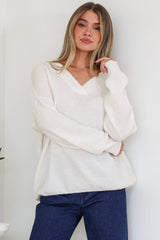 Donoven Jumper - V Neck Lightweight Knit with Ribbed Hemlines in Off White