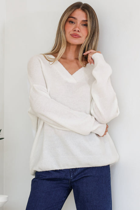 Donoven Jumper - V Neck Lightweight Knit with Ribbed Hemlines in Off White