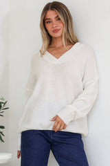 Donoven Jumper - V Neck Lightweight Knit with Ribbed Hemlines in Off White