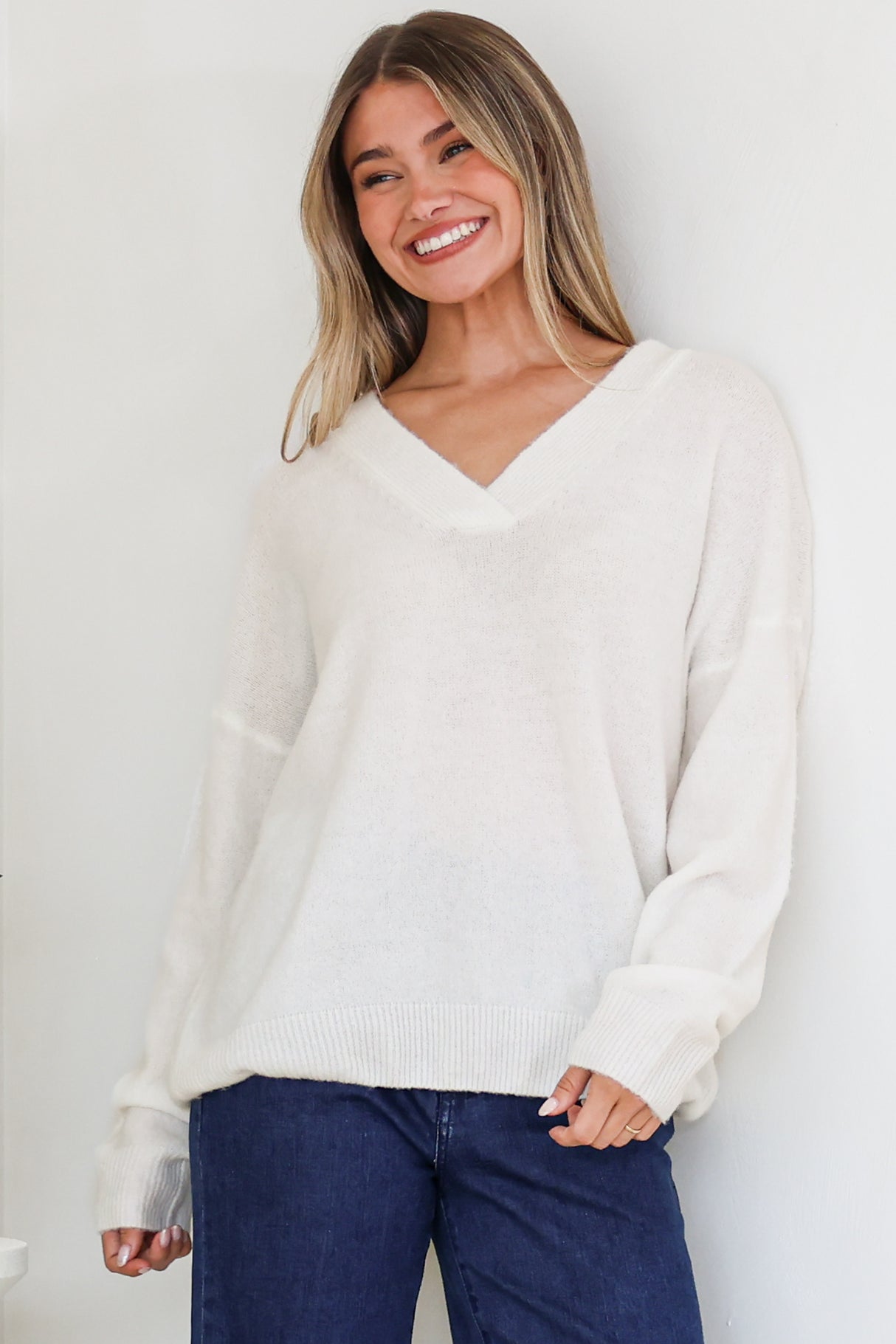 Donoven Jumper - V Neck Lightweight Knit with Ribbed Hemlines in Off White