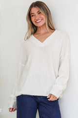 Donoven Jumper - V Neck Lightweight Knit with Ribbed Hemlines in Off White