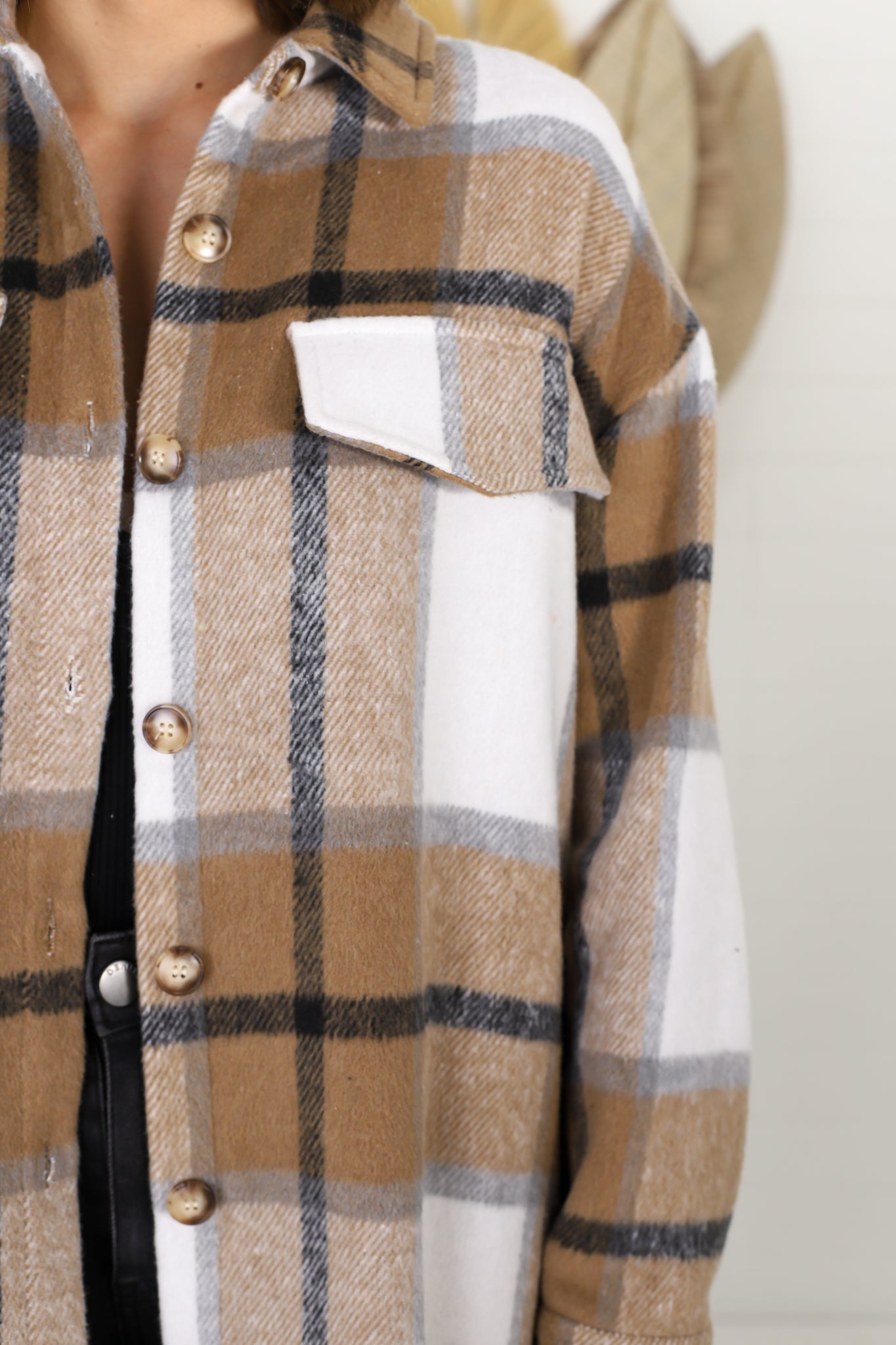 Dora Long Shacket - Collared Checkered Button Down Shirt Jacket in Beige