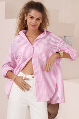 Doran Shirt - Oversized Buttoned Down Stripe Cotton Shirt in Pink