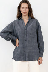 Model wearing Doran Shirt in Indigo from Salty Crush
