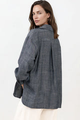 Model wearing Doran Shirt in Indigo from Salty Crush
