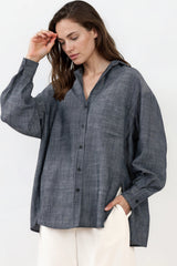 Model wearing Doran Shirt in Indigo from Salty Crush
