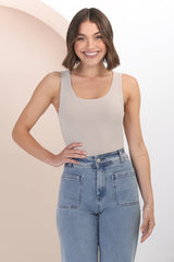 Dori Top - Scoop Neckline Thick Strap Longline Singlet in Stone