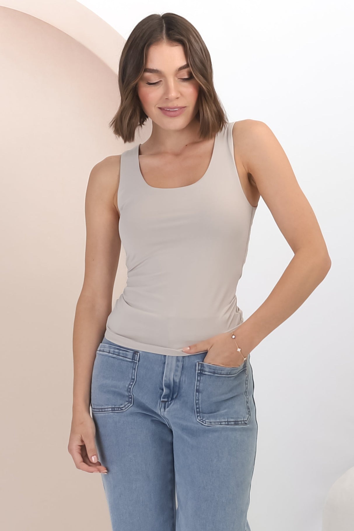 Dori Top - Scoop Neckline Thick Strap Longline Singlet in Stone