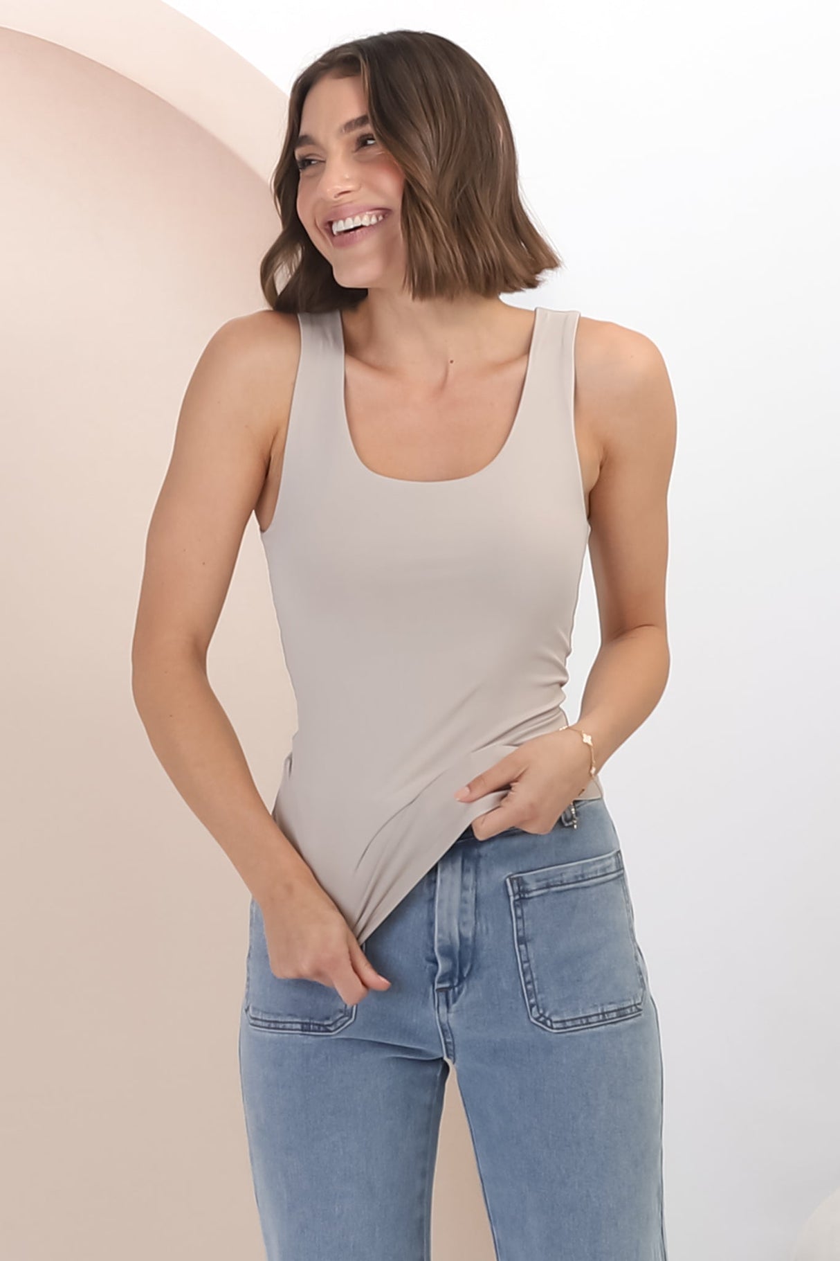 Dori Top - Scoop Neckline Thick Strap Longline Singlet in Stone