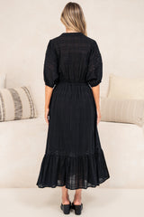 Dove Maxi Dress - Plaid Textured Lace Detailed Dress with Puff Sleeves in Black