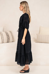 Dove Maxi Dress - Plaid Textured Lace Detailed Dress with Puff Sleeves in Black