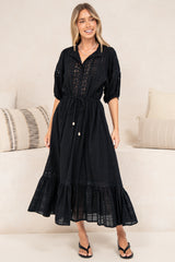 Dove Maxi Dress - Plaid Textured Lace Detailed Dress with Puff Sleeves in Black