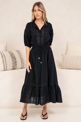 Dove Maxi Dress - Plaid Textured Lace Detailed Dress with Puff Sleeves in Black