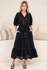 Dove Maxi Dress - Plaid Textured Lace Detailed Dress with Puff Sleeves in Black