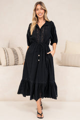 Dove Maxi Dress - Plaid Textured Lace Detailed Dress with Puff Sleeves in Black