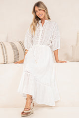 Dove Maxi Dress - Plaid Textured Lace Detailed Dress with Puff Sleeves in White