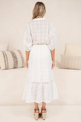 Dove Maxi Dress - Plaid Textured Lace Detailed Dress with Puff Sleeves in White