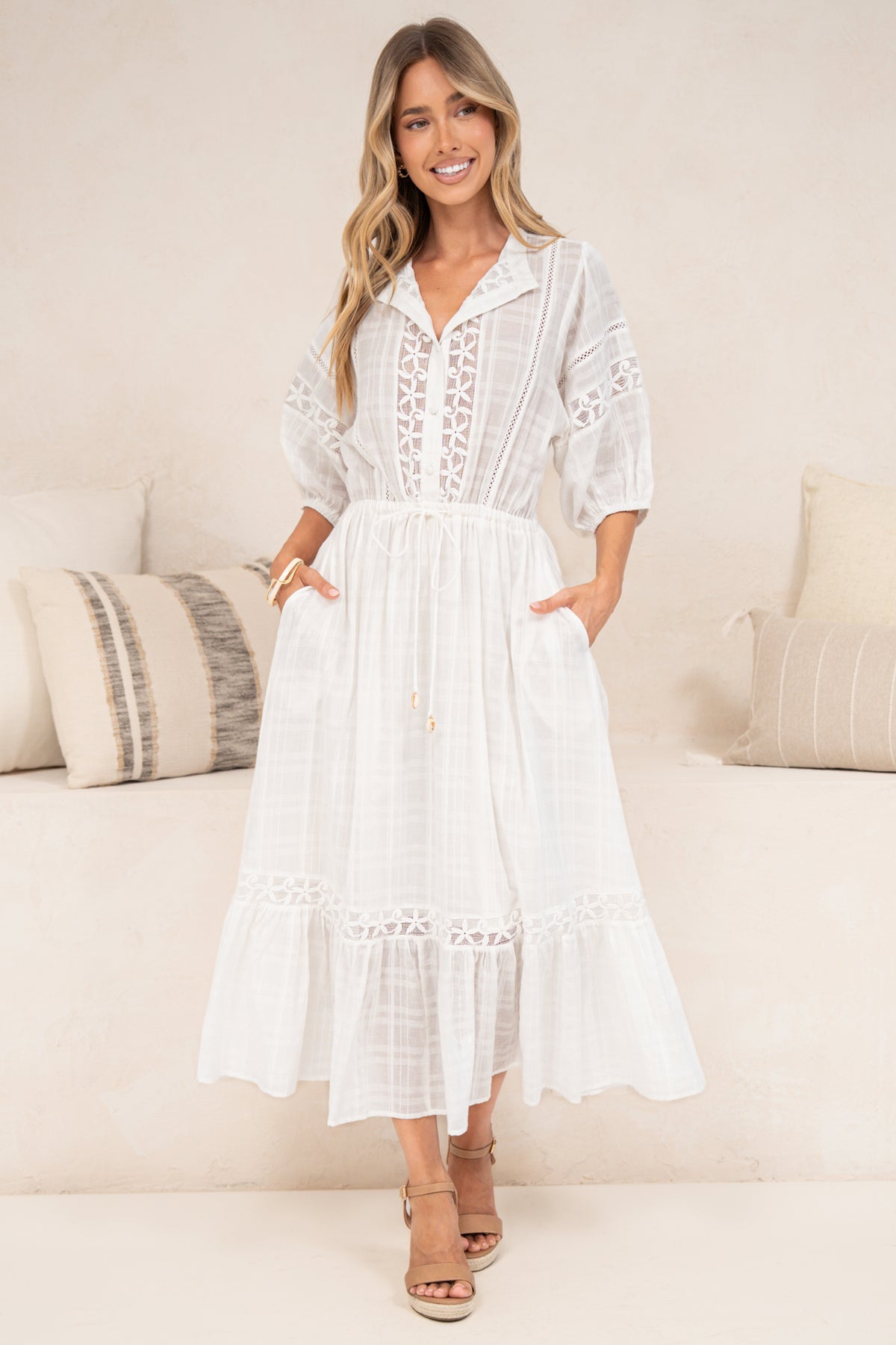 Dove Maxi Dress - Plaid Textured Lace Detailed Dress with Puff Sleeves in White